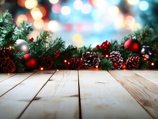 A festive arrangement of holiday decorations featuring greenery, ornaments, and pinecones on a rustic wooden surface, set against a soft, blurred background.