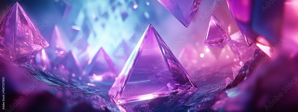 Poster colorful crystal pyramids shining under vibrant lighting in an abstract setting, creating a captivat