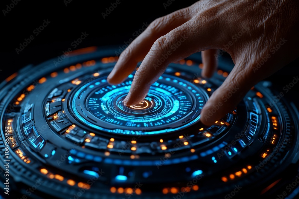 Aufkleber A hyper-realistic close-up of a businessman interacting with a holographic display, with intricate details on the digital elements