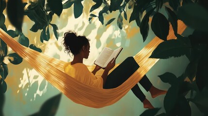 A young woman relaxes in a hammock, lost in the pages of a book.  She is surrounded by lush greenery, with dappled sunlight filtering through the leaves.