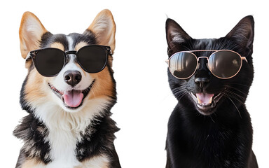 Dog and cat wearing sunglasses front view isolated on a transparent PNG background, white background , cut out, clipping path, Generative Ai