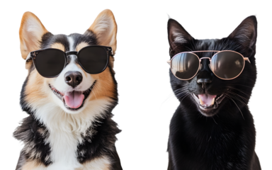 Dog and cat wearing sunglasses front view isolated on a transparent PNG background, white background , cut out, clipping path, Generative Ai