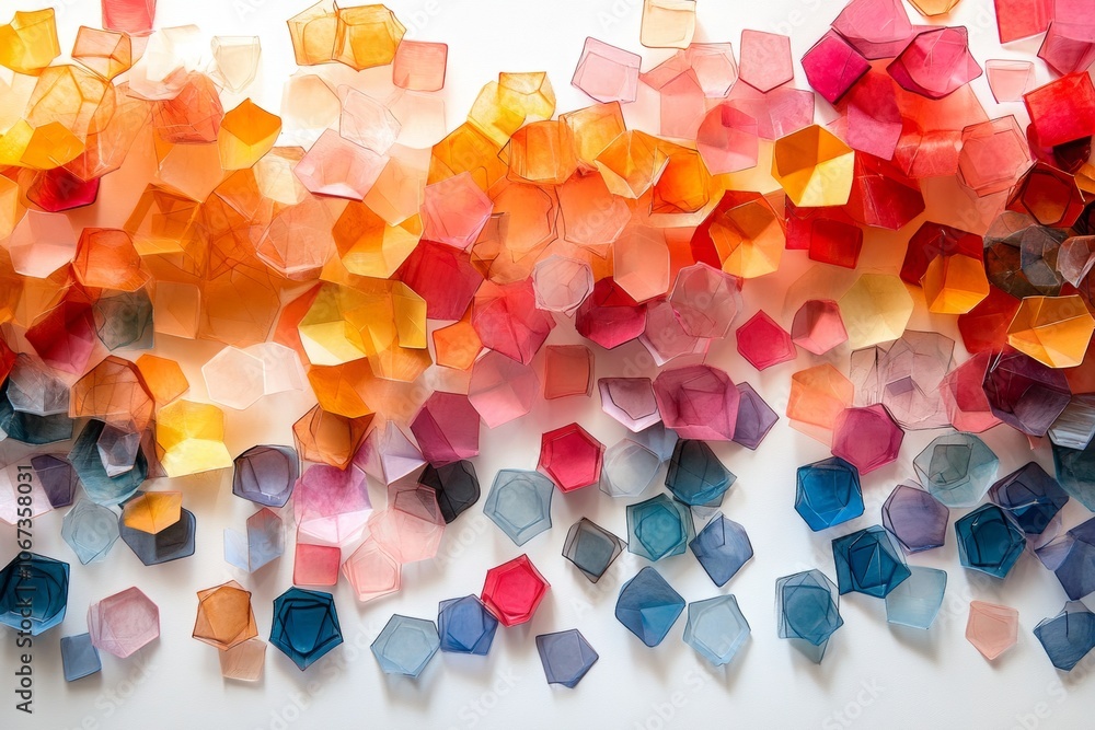 Poster colorful octagonal confetti scattered on a clean white surface creating a festive and playful atmosp