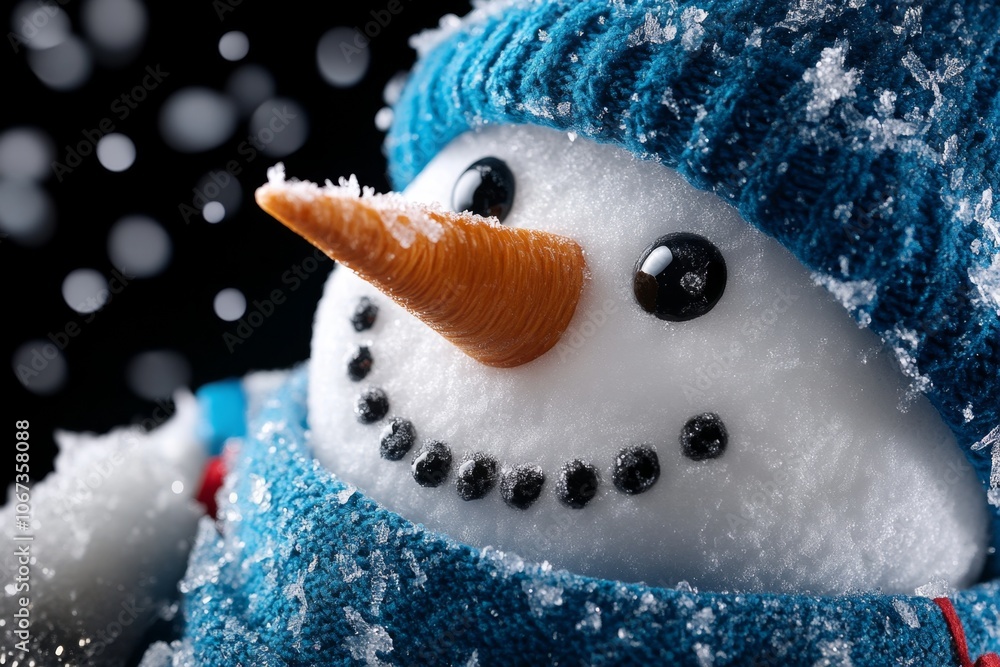 Poster A hyper-realistic close-up of a snowmanâ€™s face, showing intricate details of its icy features and frosty texture
