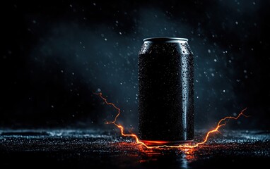 Chilled beverage can with condensation and lightning effects on a dark background.