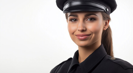 Retrato de uma policial sorridente uniformizada, isolada