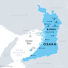 Osaka Prefecture of Japan, political map. Located in the Kansai or Kinki region of Honshu, bordering the prefectures of Hyogo, Kyoto, Nara and Wakayama. With capital Osaka, 3rd-largest city in Japan.