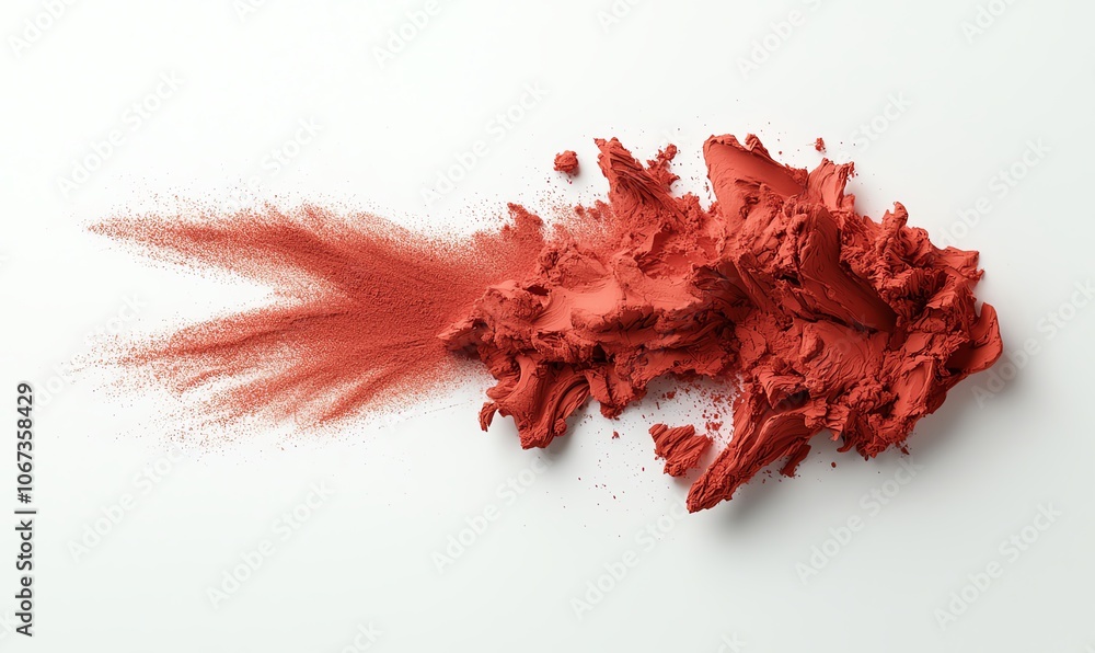 Poster creative red powder splash creating an abstract fish shape on a white isolated background.