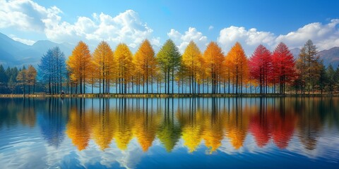 Fototapeta premium Vibrant Reflections of Autumn, a serene lake mirrors a vibrant row of colorful trees under a sparkling blue sky, creating a harmonious scene.