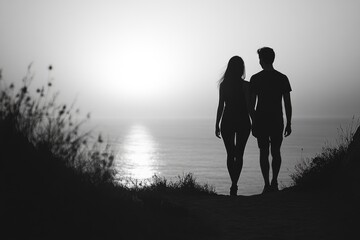 Young couple holding hands watching beautiful sunset over the ocean