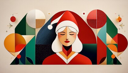 Christmas symbols. Merry Christmas. Christmas abstract geometric background with simple shapes, Santa Claus, celebration symbol, holiday food. Creative modern art. Bauhaus style Merry Christmas poster