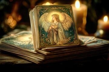 Angel tarot card resting on stack of cards by candlelight