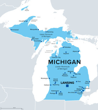 Michigan, U.S. state, political map. State in the Great Lakes region of upper Midwestern United States, with capital Lansing and metropolitan area Detroit. The Great Lake State, and Wolverine State.