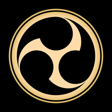 Japanese tomoe design, a swirl symbol and widespread motif. A left threefold Mitsudomoe, a circular triskelion with three curved, swirling comma- or tadpole-like arms, set against a black background.