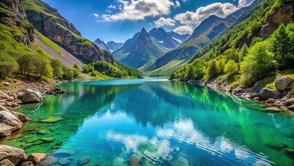 Dramatic mountain scenery reflected in serene North Caucasus lake.