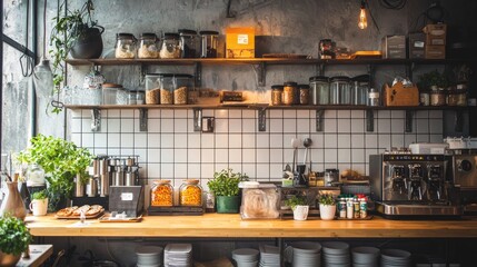 Modern rustic kitchen countertop with jars, plants, and coffee machine