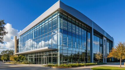 Obraz premium Modern glass building with a sleek design and landscaped surroundings.