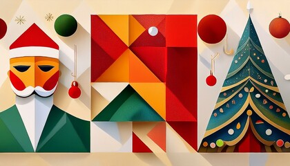 Christmas symbols. Merry Christmas. Christmas abstract geometric background with simple shapes, Santa Claus, celebration symbol, holiday food. Creative modern art. Bauhaus style Merry Christmas poster