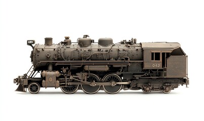 Fototapeta premium Vintage steam locomotive model, detailed design featuring wheels and smokestack, against a clean white background for a striking visual impact.