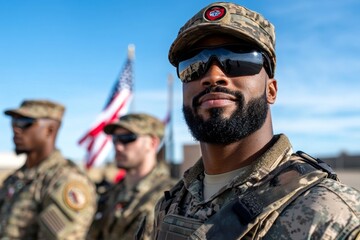 A military honor guard performing a rifle salute in front of a military memorial, with flags waving in the background