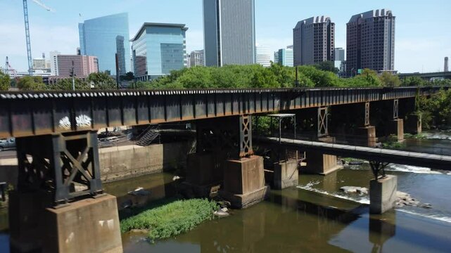 Flight away from Potterfield railway to view of downtown richmond.
