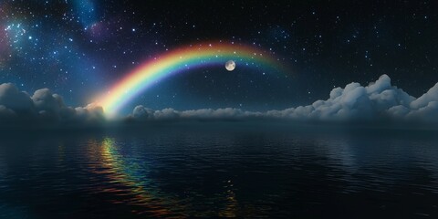 Enchanting Nightscape, a vibrant rainbow arches over a serene lake, reflecting moonlight and stars, enveloped in a whimsical, dreamlike glow