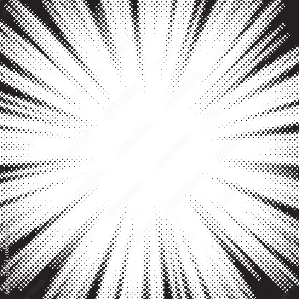 Poster Halftone gradient sun rays pattern. Abstract halftone vector dots background. monochrome dots pattern. Vector background in comic book style with sunburst rays and halftone. Retro pop art design.