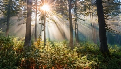 Obraz premium Experience the magic of golden hour in a forest setting. 