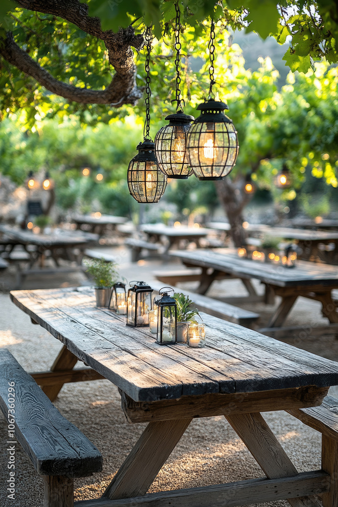 Poster A tranquil dining space features rustic wooden tables adorned with lanterns and greenery, illuminated by soft light from hanging fixtures