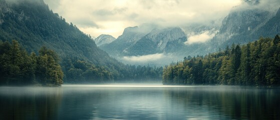 A serene lake surrounded by misty mountains and lush forests, evoking tranquility and nature.