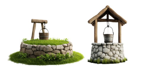 Rustic Water Wells Surrounded by Grass and Plants