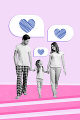 3d retro abstract creative artwork template collage of happy young family walking hold hands daughter parents love heart symbol spend time
