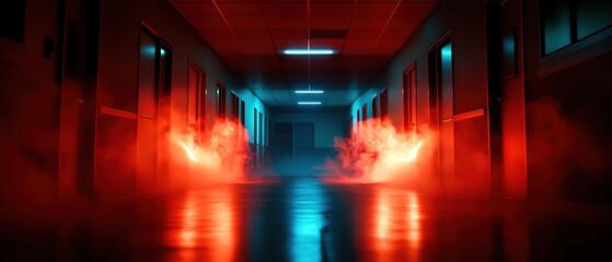 Mysterious corridor illuminated by red and blue light with smoke effects.