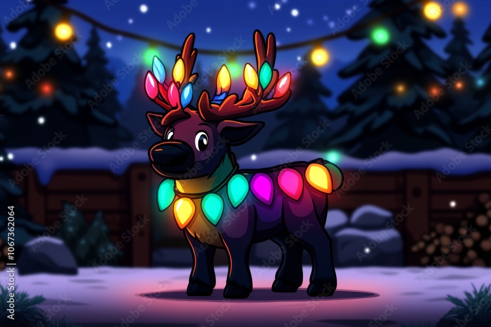 Aufkleber a retro pixel art reindeer with colorful 8-bit antlers and a snowy background, giving it a nostalgic