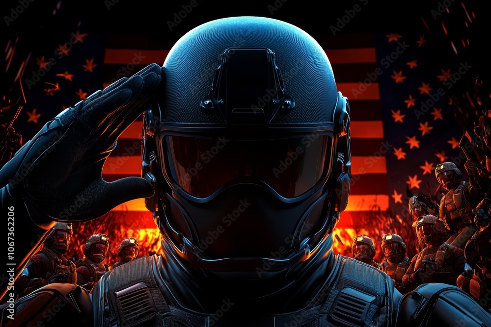 Aufkleber A retro pixel art scene of a soldier saluting in front of a pixelated American flag, with small characters showing respect in the background