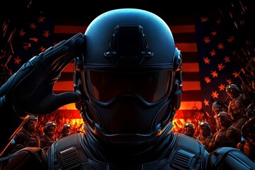 A retro pixel art scene of a soldier saluting in front of a pixelated American flag, with small characters showing respect in the background