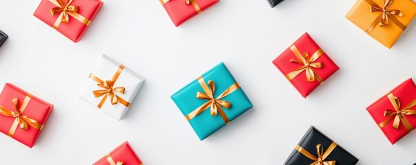 Colorful gift boxes arranged on a white background.