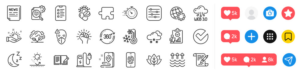 Evaporation, Charging station and Puzzle line icons pack. Social media icons. Checklist, Inspect, Verify web icon. Sun protection, Fake news, Seo stats pictogram. Vector