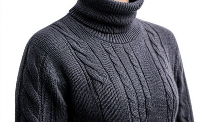Stylish person wearing a turtleneck sweater, white isolate background.