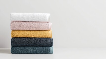 Stack of colorful towels on white background.