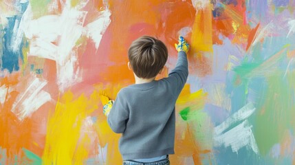 Fototapeta premium Boy engrossed in painting a vibrant mural on a large wall, showcasing creativity and artistic expression in a lively urban setting