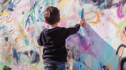 Obraz premium Boy creating a vibrant mural on a large wall, immersed in his artistic process, surrounded by colorful paints and tools.