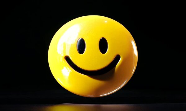 A glossy yellow smiley face icon against a black background.