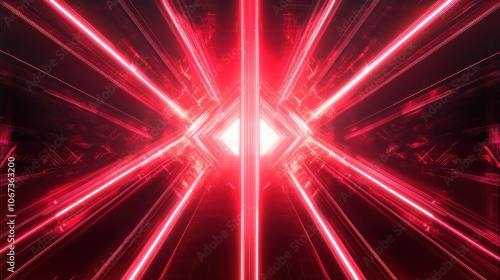 Poster abstract red light beams converge to create a dynamic, futuristic visual effect.