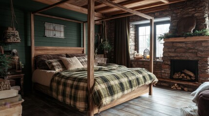 Cozy Cabin Bedroom with Fireplace and Four Poster Bed.