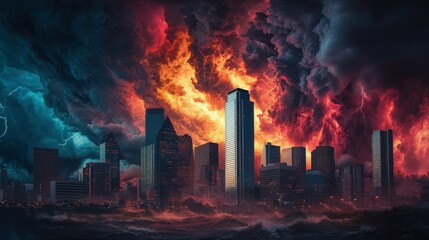 Obraz premium A dramatic urban landscape engulfed in fiery clouds and turbulent waves.