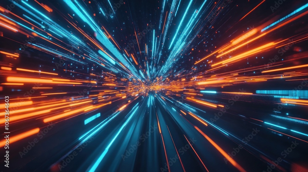 Poster a vibrant abstract representation of speed and motion with glowing particles.