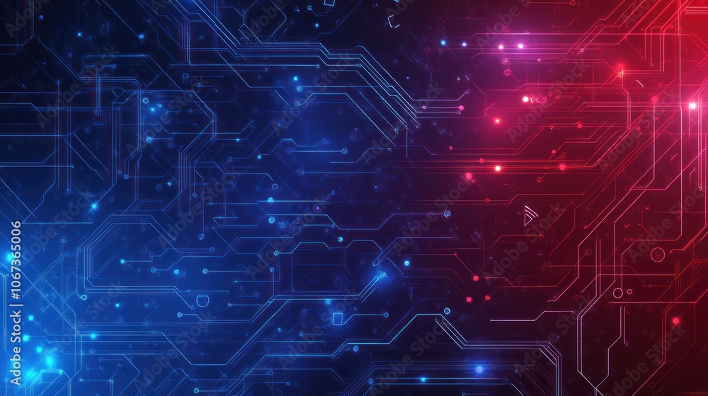 Poster abstract digital circuit design with blue and red hues, ideal for tech-related themes.