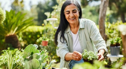 Obraz premium Joyful senior woman gardening among lush greenery in a sunny garden setting
