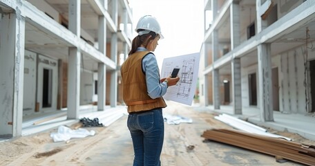 Female architect in hard hat checks building plans at construction site, ensuring safety and overseeing development